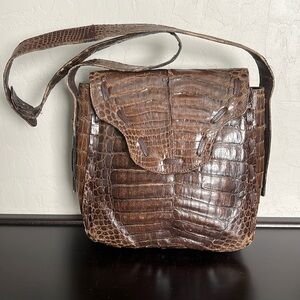 Real croc skin Vintage artisan made shoulder bag, brown. Hand made